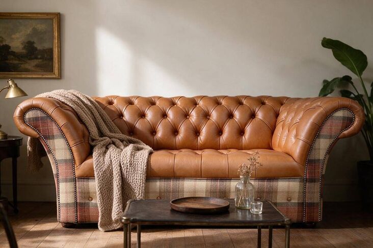 Chesterfield Balmoral Buttoned Seat 2 Seater Sofa Settee Old English Bruciato Leather & Rosewine Wool