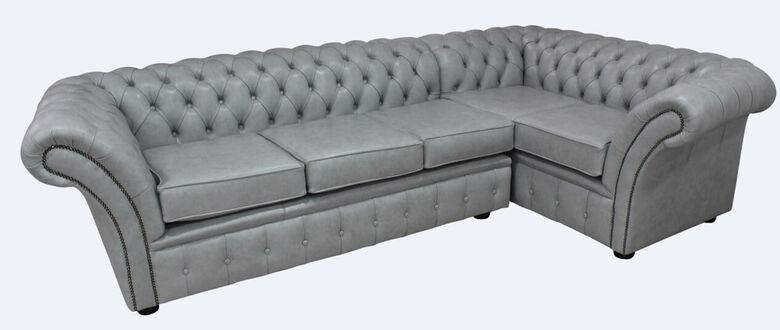 Chesterfield Balmoral Corner Sofa Unit Square Cushioned 3 Seater + Corner + 1 Seater Stella Dove Grey Leather