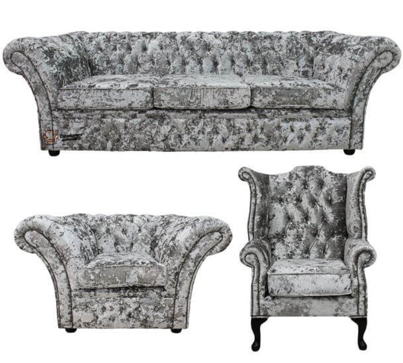 Product photograph of Lustro Argent Velvet Fabric Chesterfield Balmoral 4 Seater Sofa Settee Club Armchair Queen Anne Wing Chair Suite Designersofas4u from Designer Sofas 4U