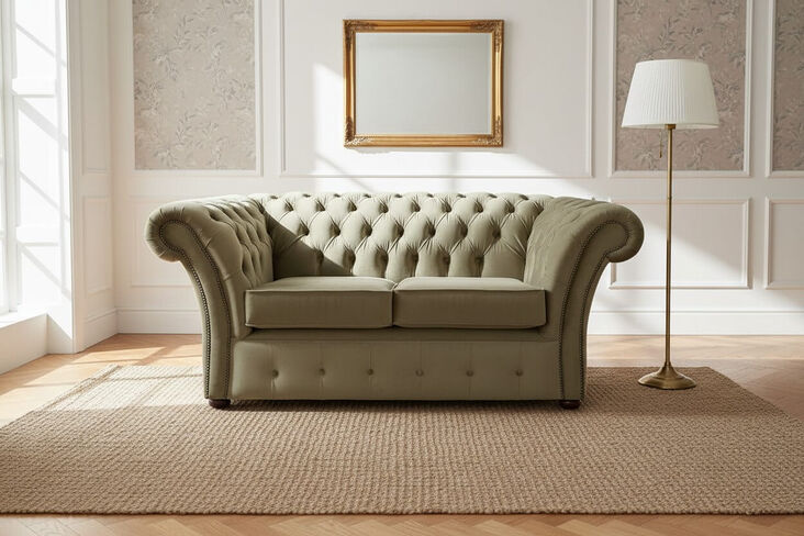 Chesterfield Balmoral 2 Seater Malta Parchment Beige Velvet Fabric Sofa