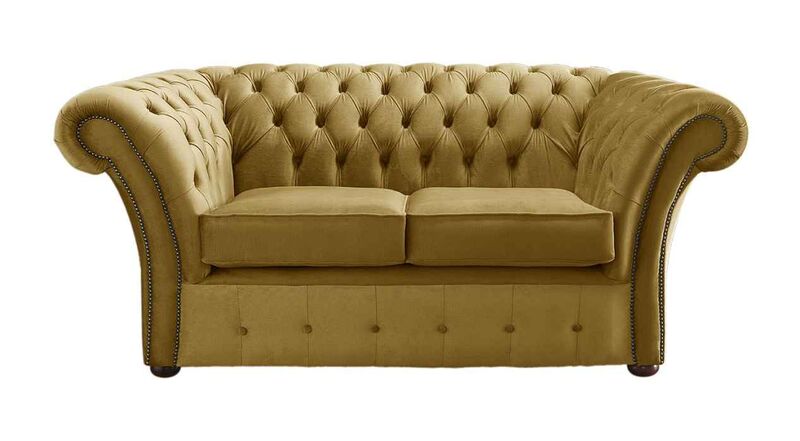 Product photograph of Chesterfield Balmoral 2 Seater Malta Gold Velvet Fabric Sofa from Designer Sofas 4U