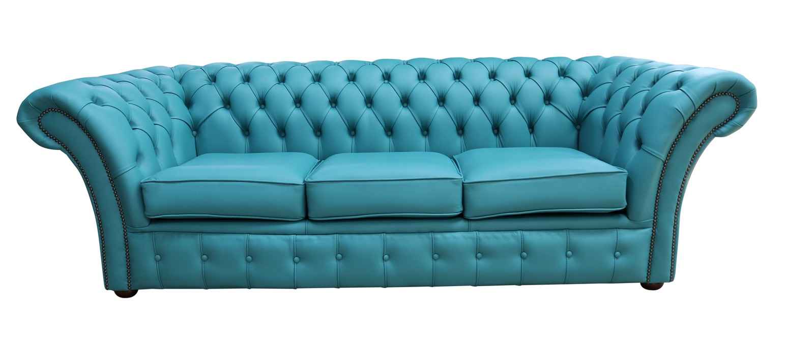 Chesterfield Balm 3 Seater Sofa, Turquoise Leather Furniture