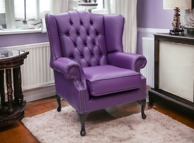 Chesterfield Bloomsbury Flat Wing Queen Anne High Back Wing Chair Purple Wineberry Leather