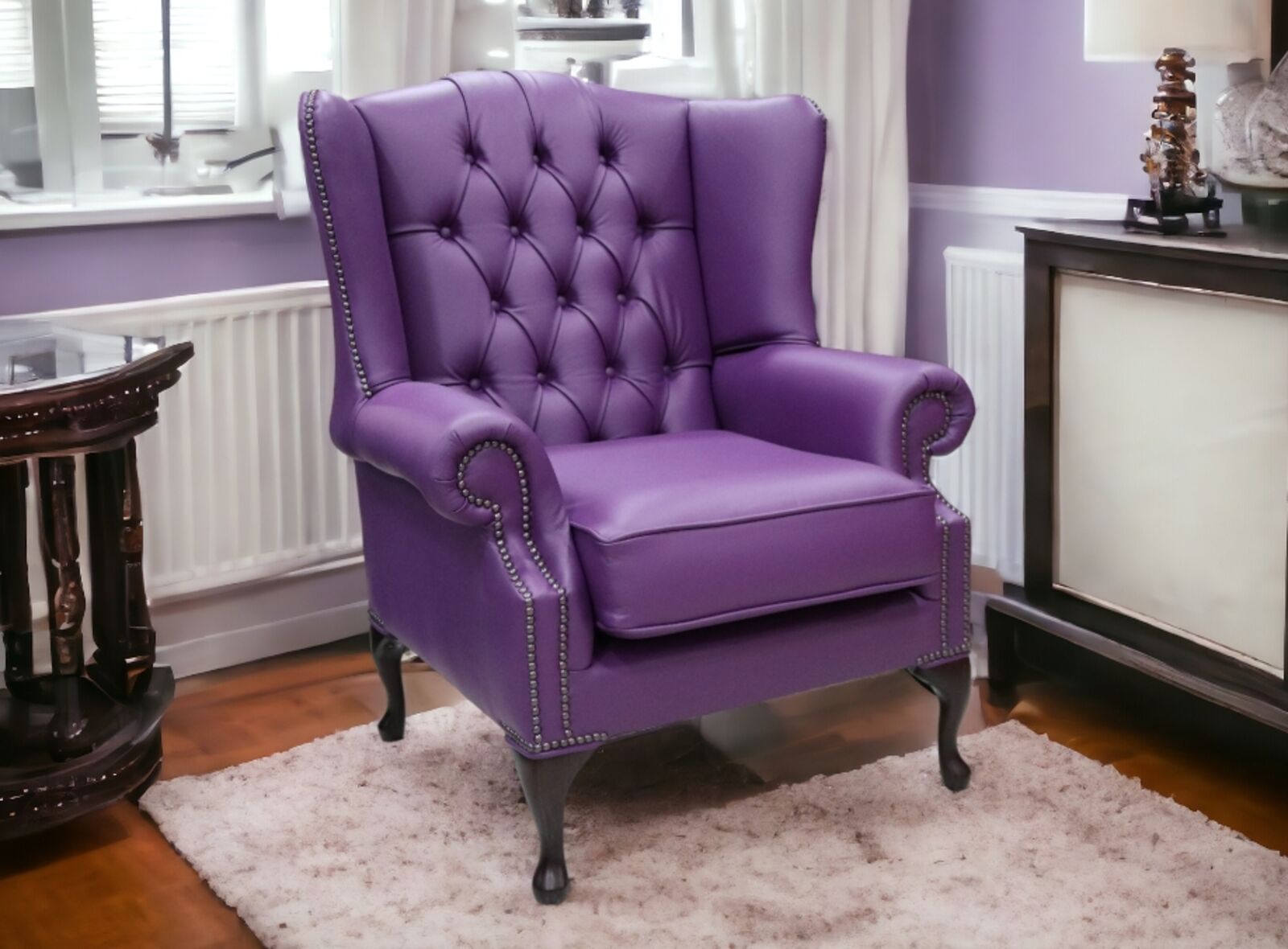 Product photograph of Chesterfield Bloomsbury Flat Wing Queen Anne High Back Wing Chair Purple Wineberry Leather Stock from Designer Sofas 4U