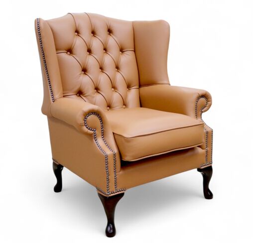 Chesterfield Bloomsbury Flat Wing Queen Anne High Back Wing Chair Saddle Brown Leather