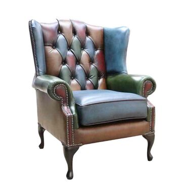 Chesterfield Bloomsbury Patchwork Queen Anne Flat Wing Wing Chair Antique Real Leather