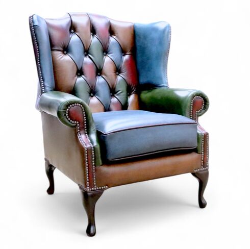 Chesterfield Bloomsbury Patchwork Queen Anne Wing Chair Antique Real Leather