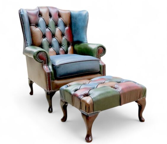 Chesterfield Bloomsbury Patchwork Queen Anne Wing Chair Antique Real Leather + Footstool