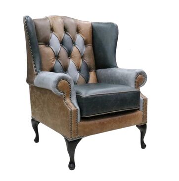 Chesterfield Bloomsbury Patchwork Queen Anne Wing Chair Vintage Cracked Wax Leather
