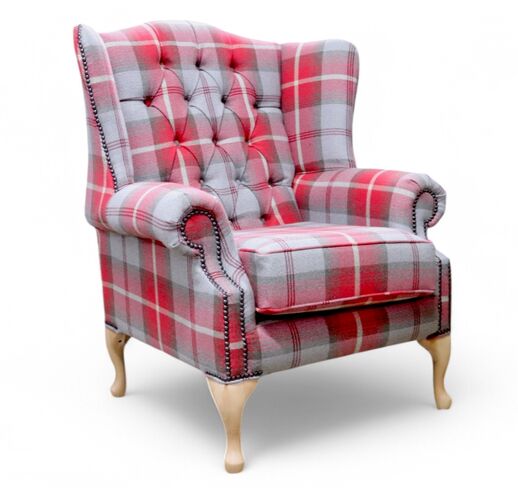 Chesterfield Bloomsbury Queen Anne Wing Chair High Back Armchair Balmoral Cherry Checked Fabric P&S