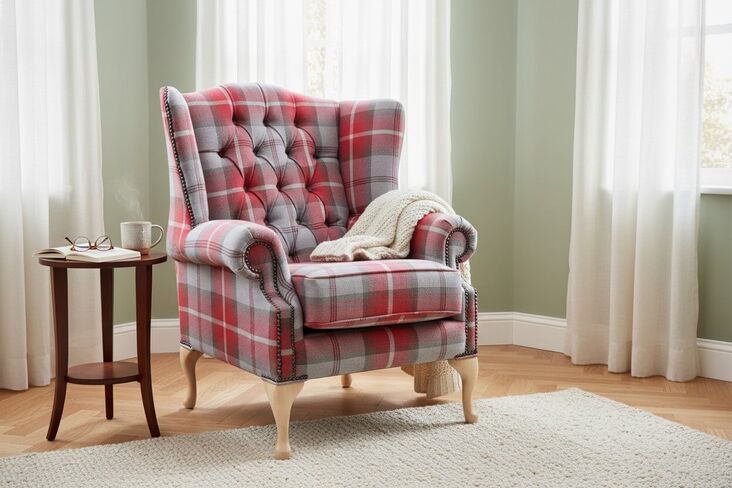 Chesterfield Bloomsbury Queen Anne Wing Chair High Back Armchair Balmoral Cherry Checked Fabric P&S