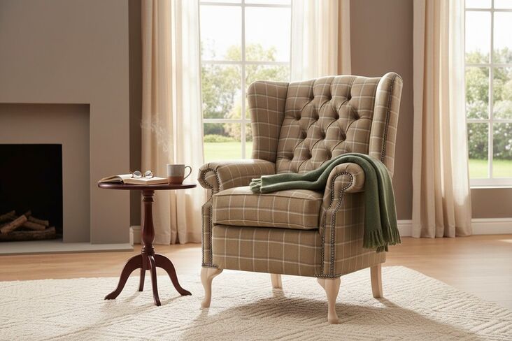 Chesterfield Bloomsbury Wool Wing Chair Fireside High Back Armchair St Andrews Rope Tartan + 4" Higher + 2" Depth