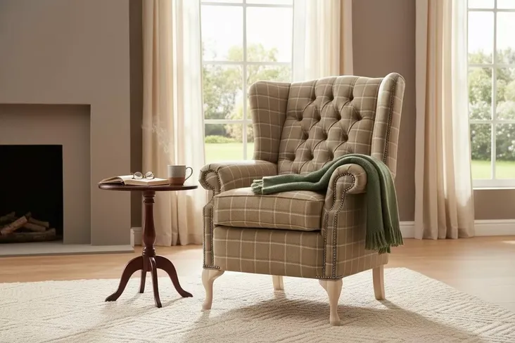 Chesterfield Bloomsbury Wool Wing Chair Fireside High Back Armchair St Andrews Rope Tartan + 4" Higher + 2" Depth