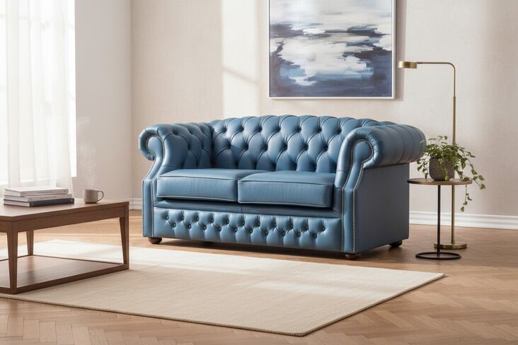 Chesterfield Buckingham 2 Seater Majolica Blue Leather Sofa Offer