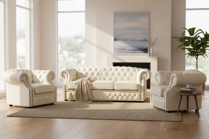 Chesterfield Buckingham 3+1+1 Sofa Suite Shelly Cottonseed Cream Leather