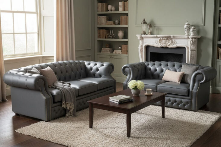 Chesterfield Buckingham 3+2 Seater Vele Charcoal Grey Leather Sofa Suite Offer