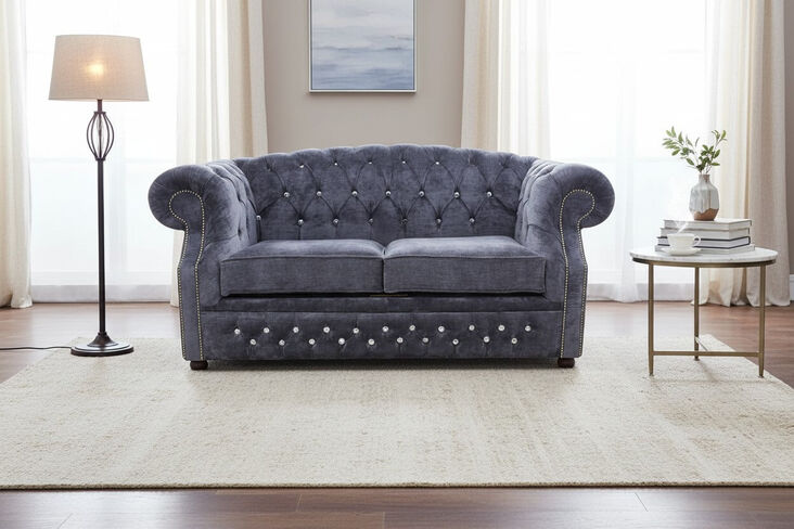Chesterfield Buckingham Crystal 2 Seater Velluto Grey Fabric Sofa Offer