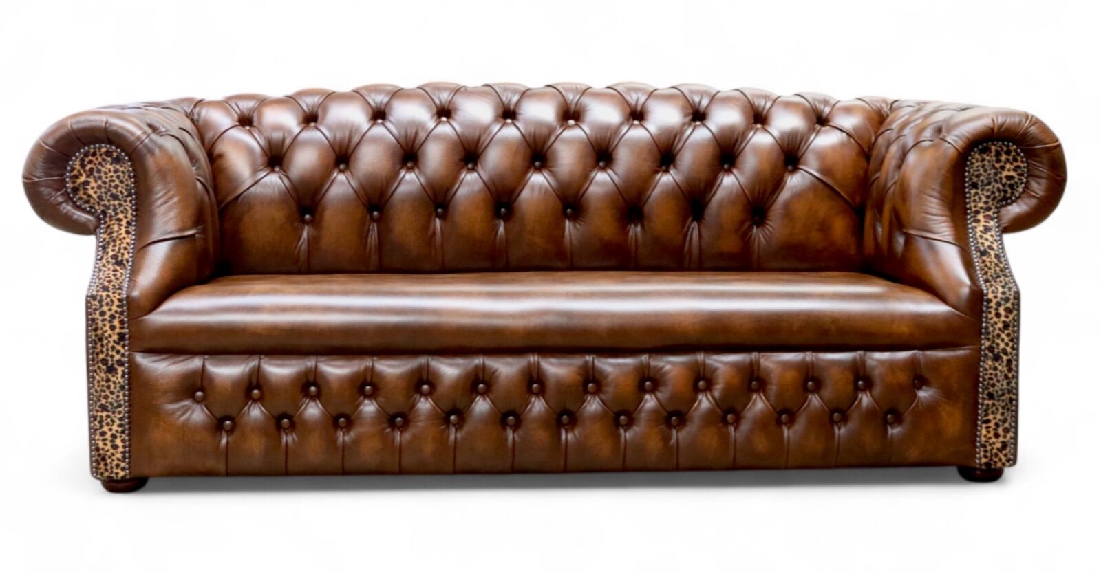 Chesterfield Buckingham Fixed Seat 3 Seater Antique Tan Leather Sofa Sand Leopard Facing