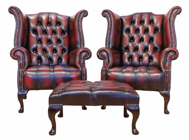 Chesterfield Queen Anne Wing Chairs + Footstool Antique Oxblood Red Leather