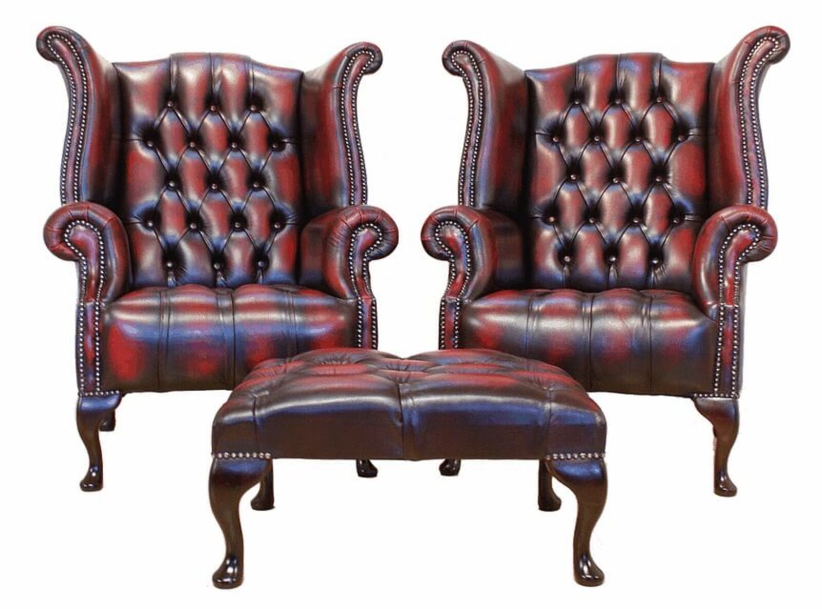 Product photograph of Chesterfield Queen Anne Wing Chairs Footstool Antique Oxblood Red Leather from Designer Sofas 4U