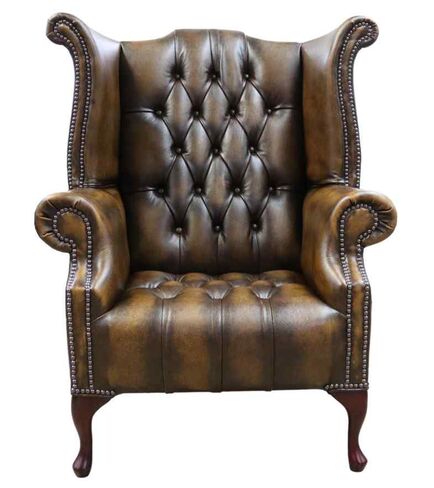 Chesterfield Buttoned Seat Queen Anne High Back Wing Chair Antique Gold Leather