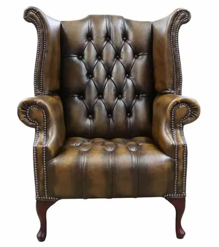 Chesterfield Buttoned Seat Queen Anne High Back Wing Chair Antique Gold Leather