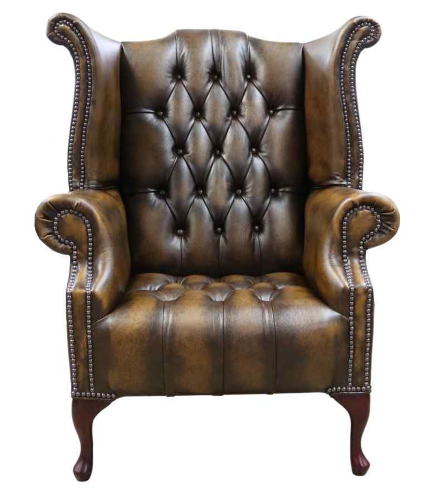 Product photograph of Chesterfield Buttoned Seat Queen Anne High Back Wing Chair Antique Gold Leather from Designer Sofas 4U