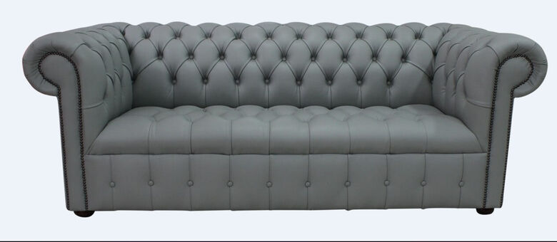Chesterfield 3 Seater Sofa Settee Buttoned Seat Piping Grey Leather Sofa Offer