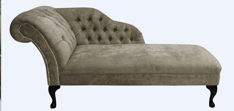 Product photograph of Chesterfield Velvet Chaise Lounge Day Bed Azzuro Mink Fabric from Designer Sofas 4U