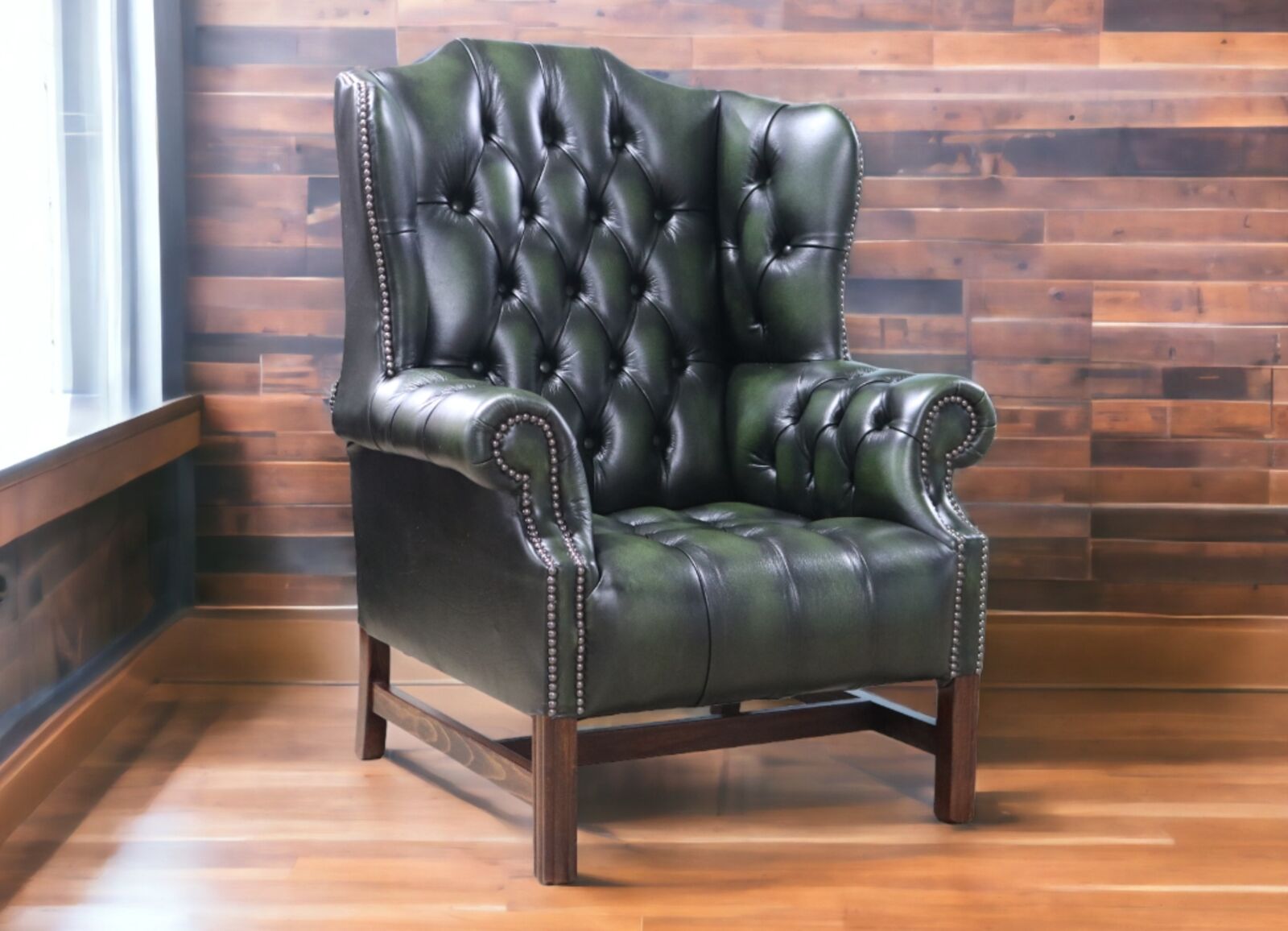 Product photograph of Chesterfield Churchill High Back Wing Chair Buttoned Seat Antique Green Leather from Designer Sofas 4U