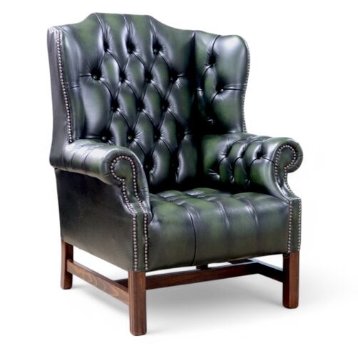 Chesterfield Churchill High Back Wing Chair Buttoned Seat Antique Green Leather