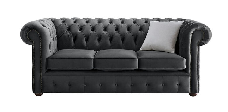 Chesterfield 3 Seater Malta Slate Grey Velvet Fabric Sofa