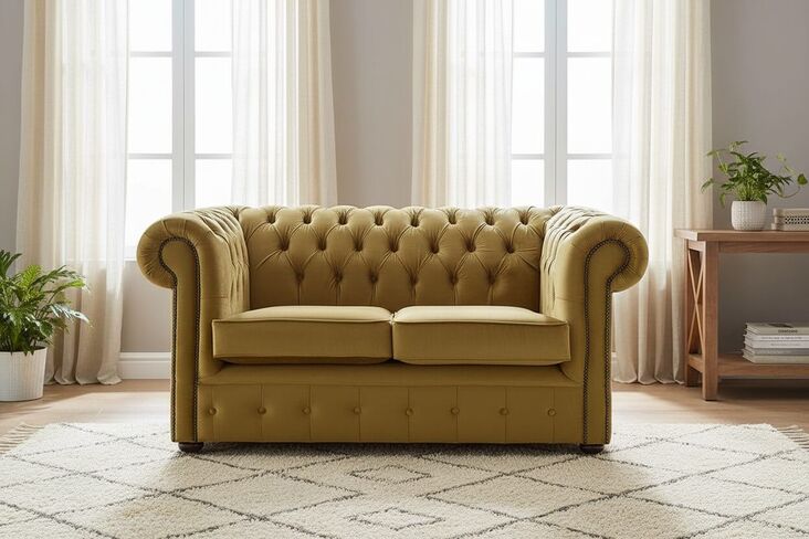 Chesterfield 2 Seater Malta Gold Velvet Fabric Sofa