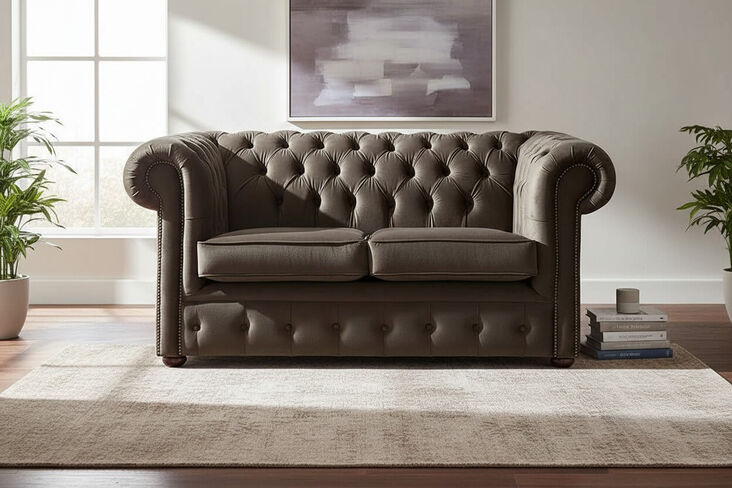 Chesterfield 2 Seater Malta Mushroom Brown Velvet Fabric Sofa