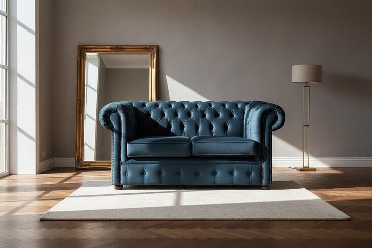 Chesterfield 2 Seater Malta Peacock Blue Velvet Fabric Sofa