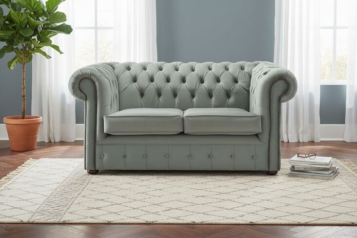 Chesterfield 2 Seater Malta Seaspray Blue Velvet Fabric Sofa