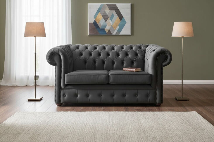 Chesterfield 2 Seater Malta Slate Grey Velvet Fabric Sofa