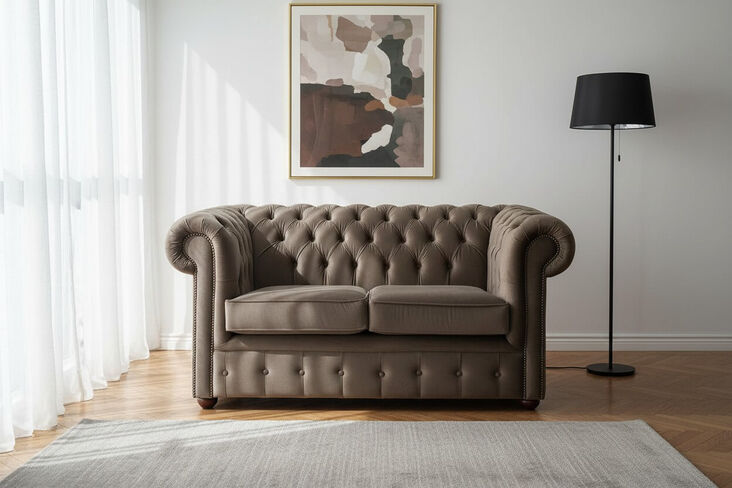 Chesterfield 2 Seater Malta Taupe Beige Velvet Fabric Sofa