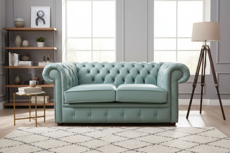 Chesterfield 2 Seater Shelly Lichen Leather Sofa Settee
