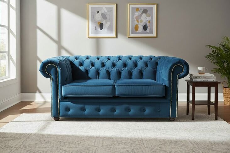 Chesterfield Blue Velvet 2 Seater Sofa