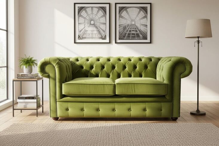 Chesterfield Green Velvet 2 Seater Sofa