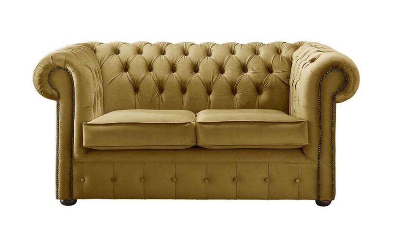 Product photograph of Chesterfield 2 Seater Malta Gold Velvet Fabric Sofa from Designer Sofas 4U