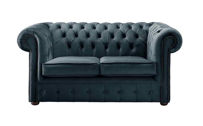 Chesterfield 2 Seater Malta Peacock Blue Velvet Fabric Sofa