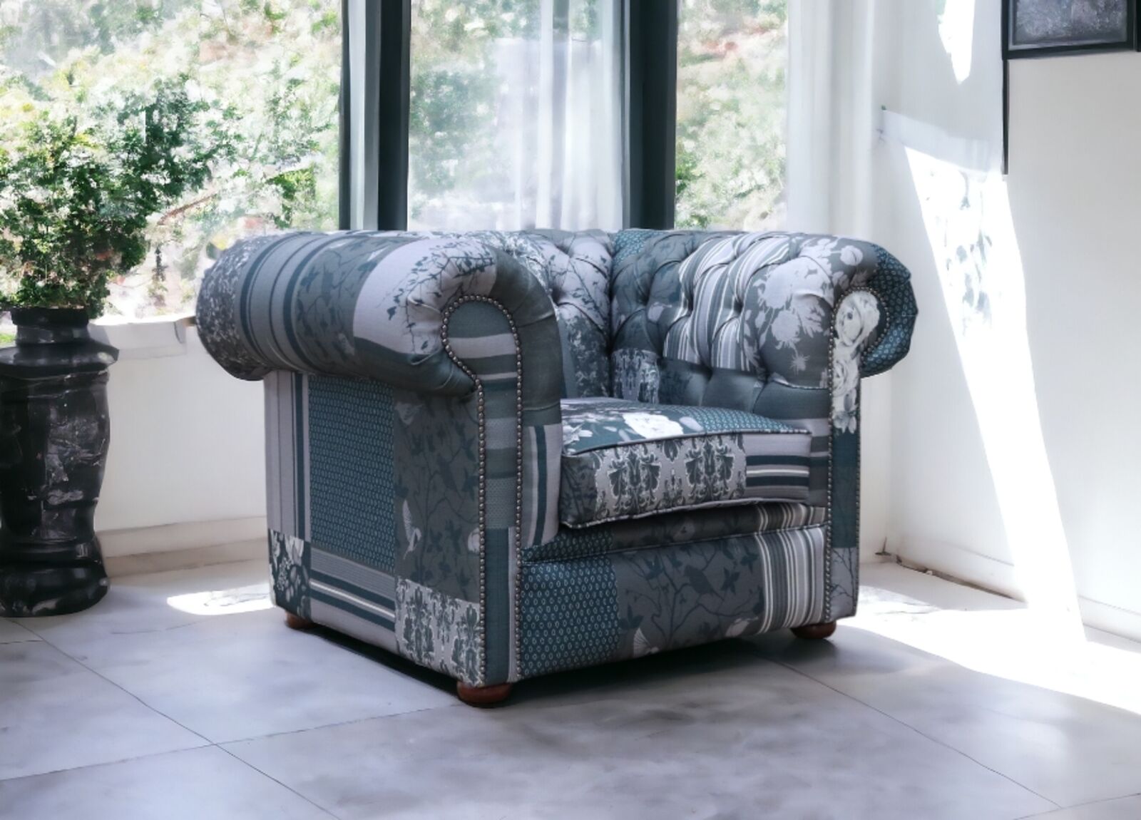 Product photograph of Chesterfield Low Back Club Chair Charles Patchwork Grey Fabric from Designer Sofas 4U