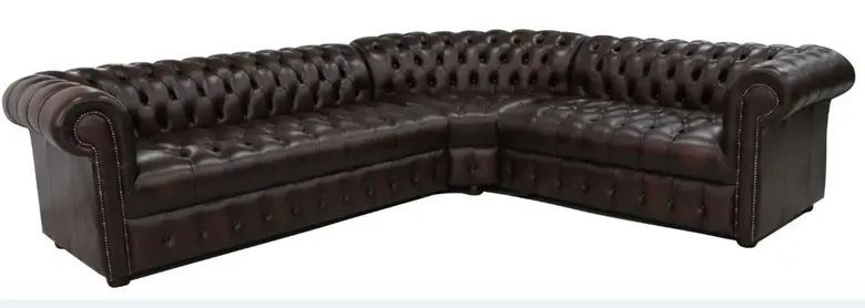 Chesterfield Corner Sofa Unit Buttoned Seat 3 Seater + Corner + 2 Seater Antique Brown Leather