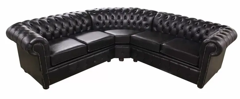 Chesterfield Corner Sofa Unit Cushioned 2 Seater + Corner + 2 Seater Old English Black Leather