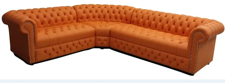 Chesterfield Corner Sofa Unit Buttoned Seat 3 Seater + Corner + 2 Seater Flamenco Orange Leather