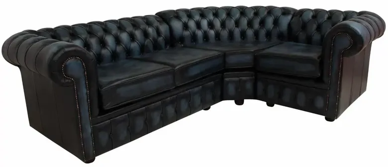 Chesterfield Corner Sofa 2 Seater + Corner + 1 Seater Antique Blue Leather