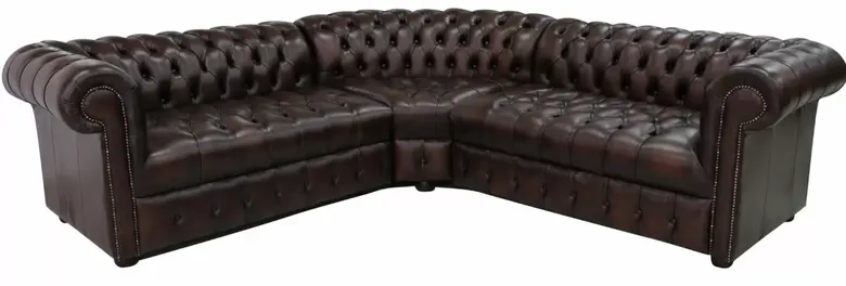 Chesterfield Corner Sofa Unit Buttoned Seat 2 Seater + Corner + 2 Seater Antique Brown Real Leather