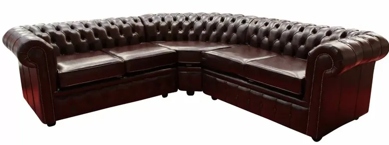Chesterfield 2 Seater + Corner + 2 Seater Corner Sofa Unit Cushioned Old English Red Brown Leather